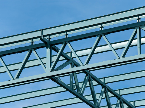 Steel construction frame of a convention center building.