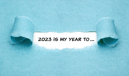 Motivational New Year 2023 resolutions list concept with headline 2023 is my year to written on paper.