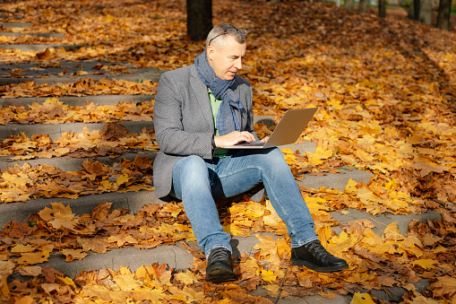 Mature businessman using laptop, sit on steps in golden forest or park. Online freelance work and occupation, web conference, video call in nature. Electronic business marketing, electronic commerce