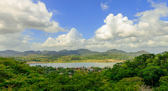 Panoramic view of Panama overlooking the Gamboa Rainforest, Chagres River, and city of Gamboa at the Panama Canal