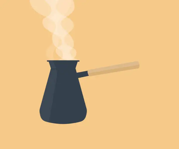 Vector illustration of Old coffee pot with hot coffee with steam. Making pour over coffee. Coffee composition. Process of making coffee. Beverage concept vector design and illustration.