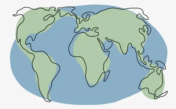 Vector illustration of Continuous freehand drawing world map.
