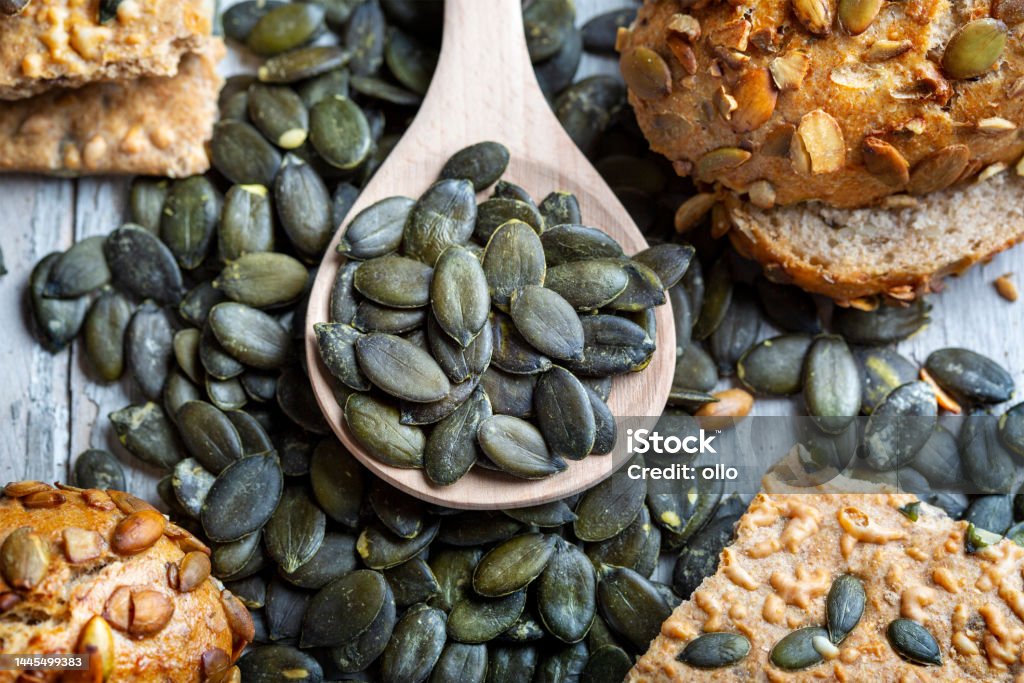 Pumpkin seed and bread Bowl Stock Photo