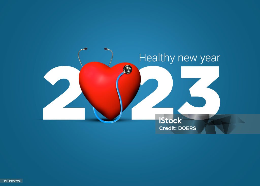 2023 new year Healthcare concept 2023 new year Healthcare concept. Healthy new year- 3D creative for 2023 new year. Doctor stethoscope with smiling heart and blue background. 2023 Stock Photo