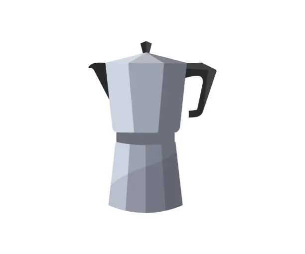 Vector illustration of Realistic Moka-pot, Italian metallic coffee maker Mocha coffee pot. Flat style. Moka pot icon, aluminum kitchen appliance, italian style of coffee pot vector design and illustration.