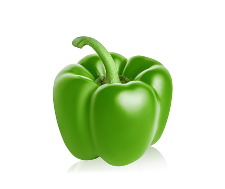 Sweet bell pepper isolated on white background. One green paprika vegetable.
