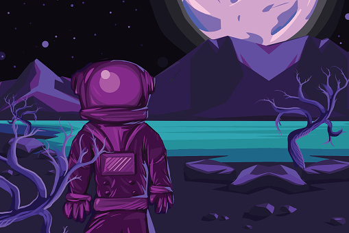 Astronaut in Space Suit Stand on the purple Planet
