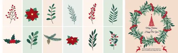 Vector illustration of Christmas hand drawn set of poinsettia, leaves, branches, berries, holly, pine cone, guelder rose. Winter floral cozy collection. Vector sketch elements. Christmas reindeer and Christmas tree