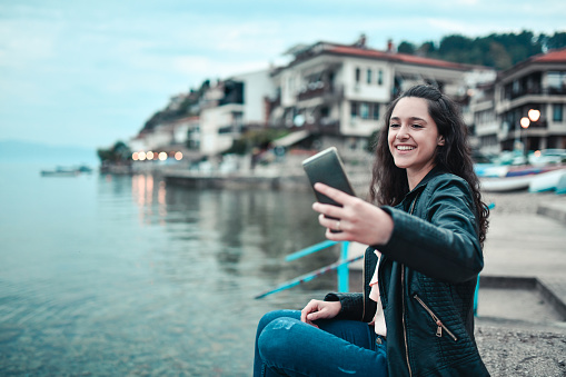 Selfie Time Near Lake For Happy Female