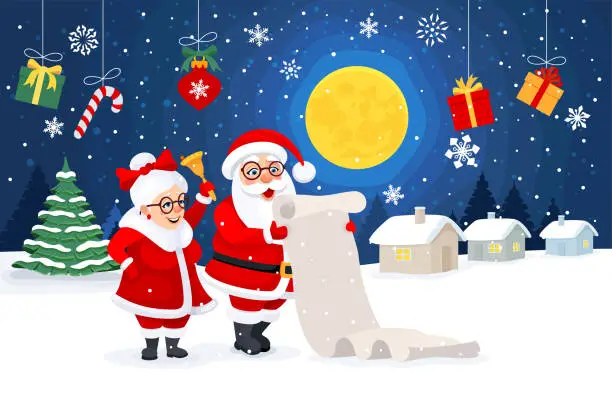 Vector illustration of Funny Santa Claus reading his list.  Mr & Mrs Claus. Santa Claus and his wife Mrs Claus celebrate holidays. Winter Background.