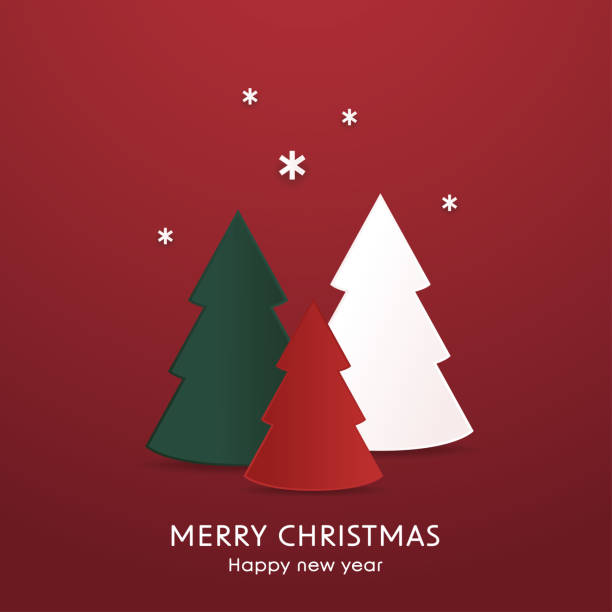 istock Christmas tree 3D. Winter Christmas Red background with tree Xmas. New Year greeting card design with stylized Christmas tree. Vector illustration. Christmas tree logo. 1445507663