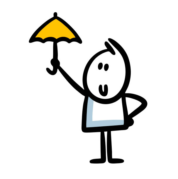 ilustrações de stock, clip art, desenhos animados e ícones de cute stickman character holds umbrella to protect from the rain. - protection umbrella people stick figure