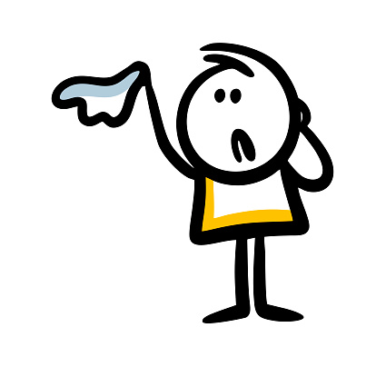 A sad man breaks up with his beloved and waves goodbye with a handkerchief. Vector illustration of upset stickman character missing somebody.