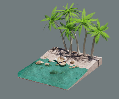 Tropical Beach with Palm Trees and Boat, Clear water, Sunny Day, Travel and Vacation Concept, 3D render