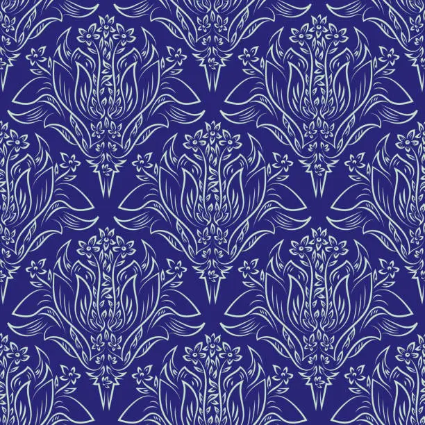 Vector illustration of Damask flower bouquet vector seamless vector pattern. Blue indigo background with hand drawn flowers woodcut effect. Classic ornamental, dense geometric repeat. Floral baroque all over print.