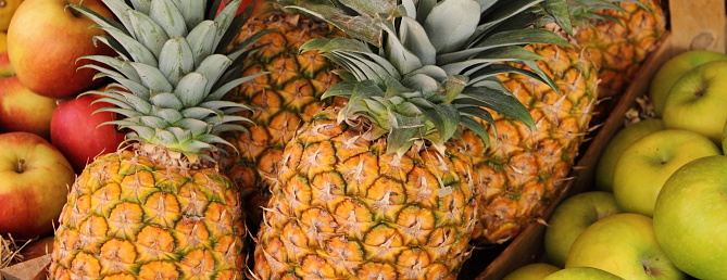 Horizontal close up bunch of organic farm fresh pineapples at country farmers market ready for eating
