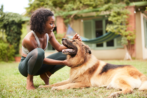 Mid adult cheerful female squatting and petting her smiling German Shepherd on the lawn in the backyard.