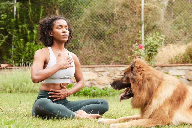 attraente donna multirazziale che pratica yoga pranayama esercizio di respirazione all'aperto con il suo bel pastore tedesco - pranayama foto e immagini stock