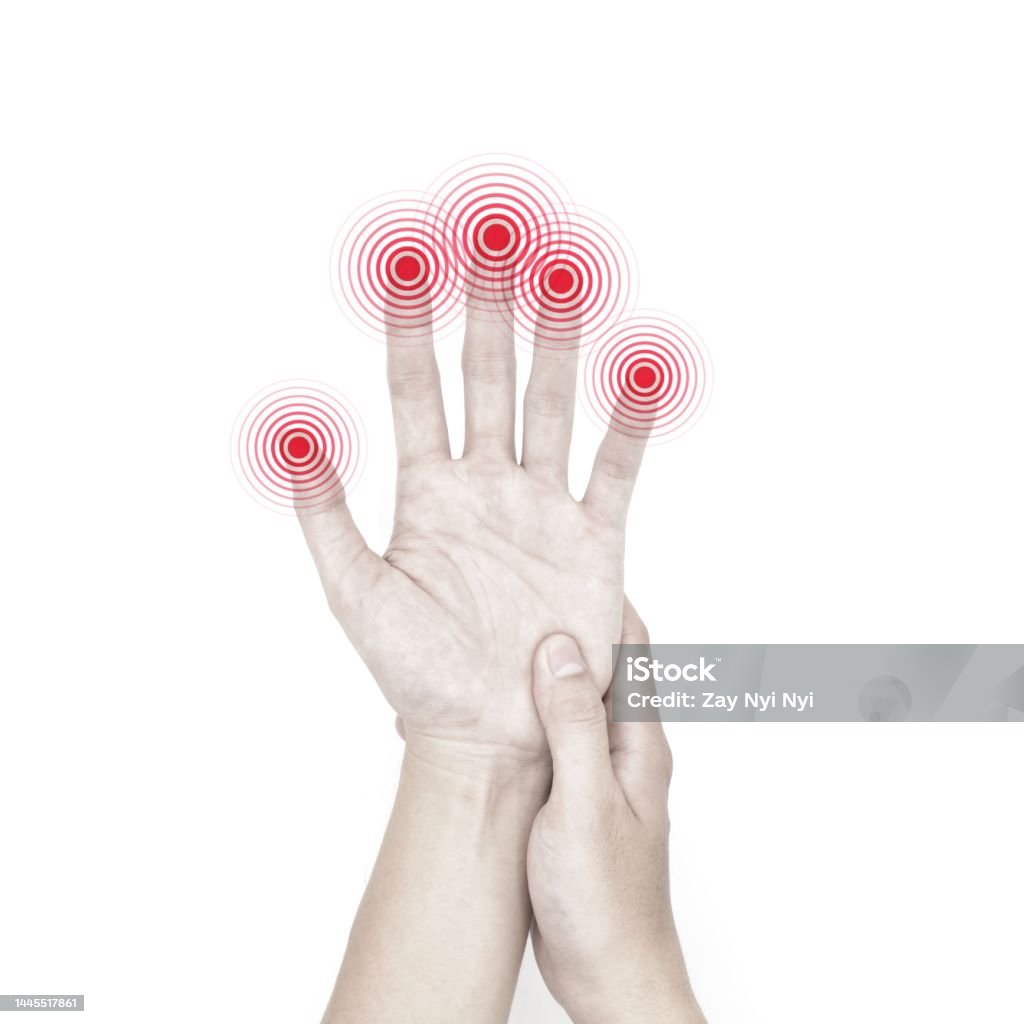 Pain, tingling and numbness in fingertips of Asian man with diabetes. Finger sensation, hand and nerves problems. Fine touch Pain, tingling and numbness in fingertips of Asian young man with diabetes. Finger sensation, hand and nerves problems. Fine touch Adult Stock Photo