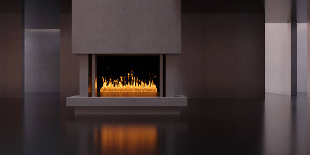 istock Burning fireplace, living room interior. Modern cozy home, front view. 3d 1445520566