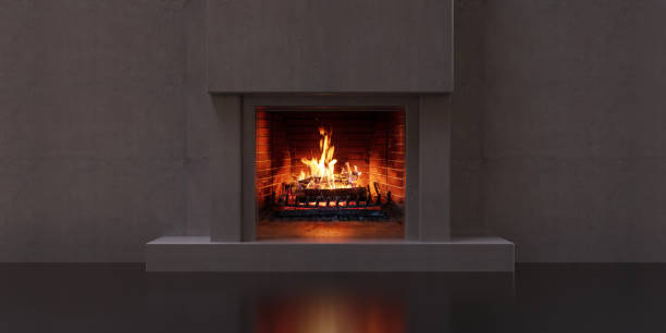 istock Burning fireplace, living room interior. Modern cozy home, front view. 3d 1445520567