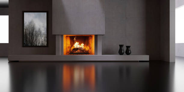 Burning fireplace, warm living room interior, front view. Modern cozy home, empty space. 3d render