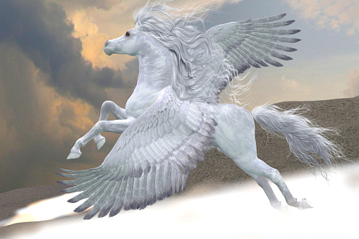 Gorgeous white Pegasus flies through mountain mists and fog upwards toward the sky.