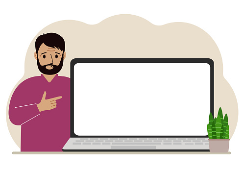 A man next to a large laptop with plenty of space for text. Vector flat illustration