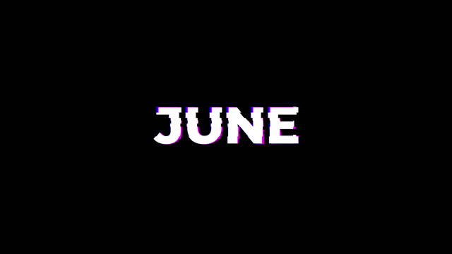 June. Glitch Text Animation Effect on Old Interference Screen. 4K Video