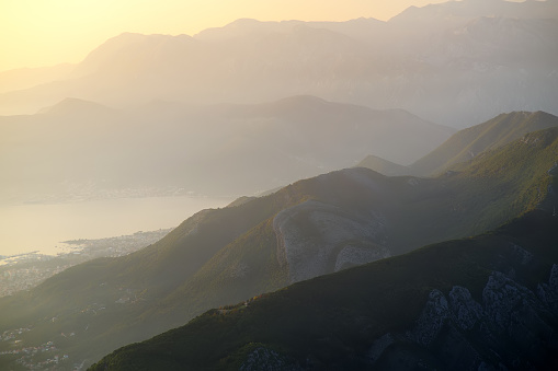 Amazing aerial view of range near Kotor Bay, Montenegro. Breathing tonal perspective panorama of Balkan mountains taking from Lovchen National Park.