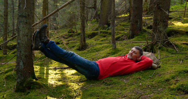 istock Tourist guy resting on moss in a beautiful forest 1445525960