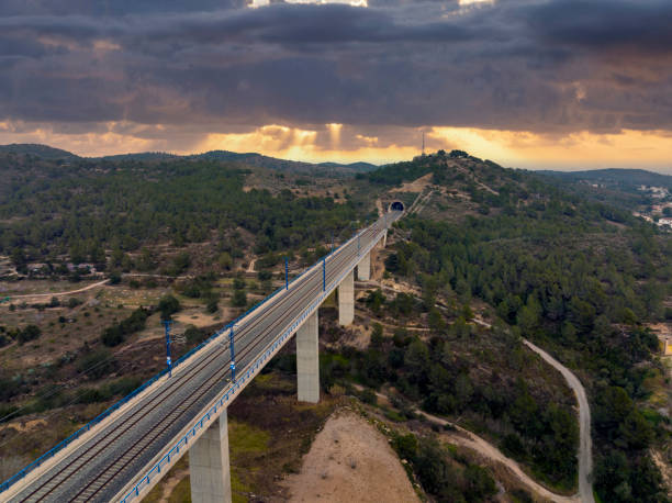 Railway bridge in sunset in mountains