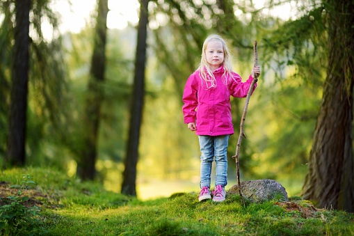 Cute little girl having fun during forest hike on beautiful autumn day in Italian Alps