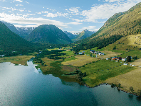 Scenic aerial view of  blue lake in Stryn, Norway