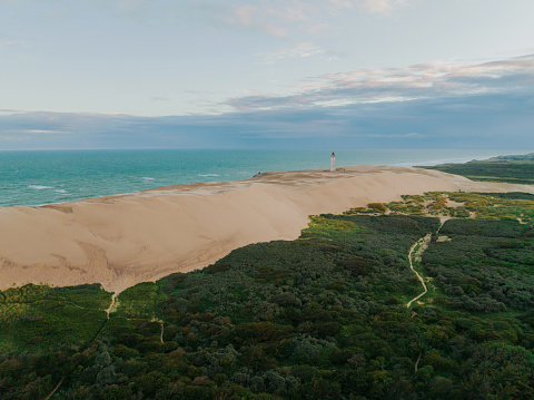 Scenic aerial view of abandoned Rubjerg Knude lighthouse in Denmark