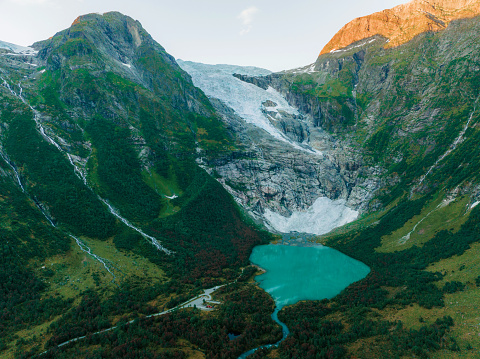 Scenic aerial view of glacier lake in Norway in summer, Lovatnet