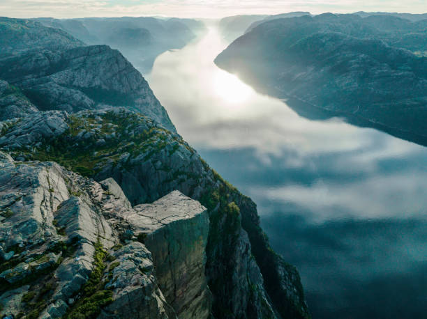 Scenic aerial view of Preikestolen above Lysefjorden Scenic aerial view of Preikestolen above Lysefjorden in Norway lysefjorden stock pictures, royalty-free photos & images
