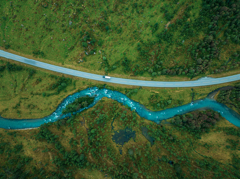 Aerial view of road in river valley in Stryn,Norway