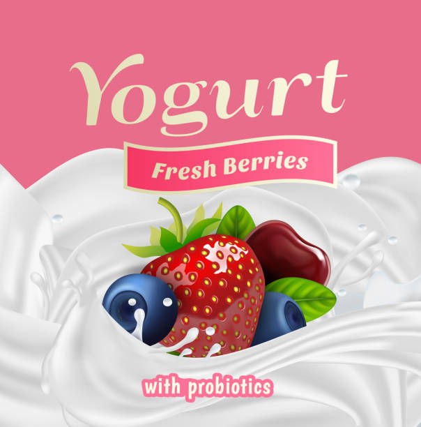 свежие ягоды с пробиотиками splash label badge template. вектор - йогурт stock illustrations