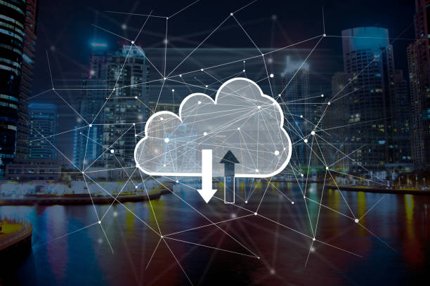 istock Network cloud from the network on the background of the city 1445528159