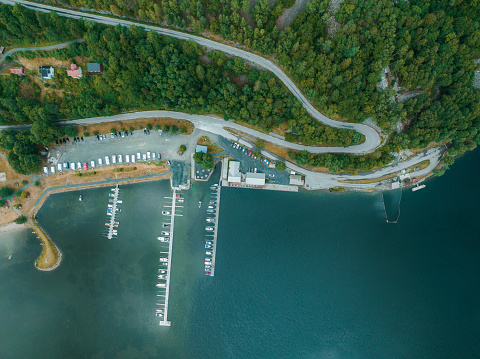 Scenic aerial view of  harbour on fjord in Norway