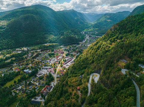 Scenic aerial view of Norwegian village in the mountains in summer