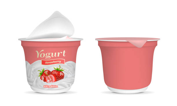 ilustrações de stock, clip art, desenhos animados e ícones de realistic detailed 3d open strawberry yogurt packaging container and empty template mockup set. vector - yogurt