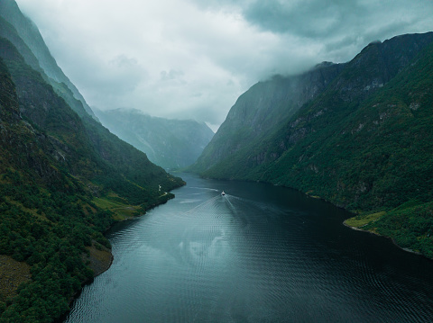 Aerial view of  ship  on the fjord in Norway