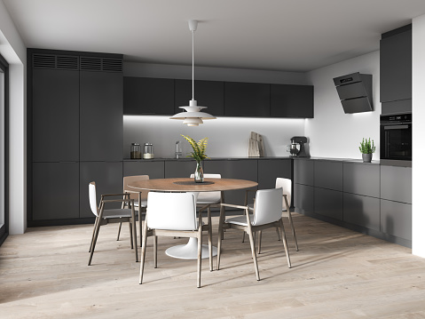Modern dark gray kitchen with dining room. Render image.
