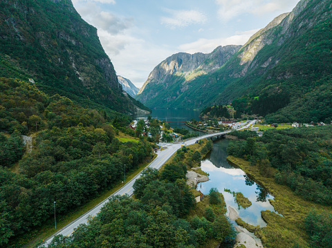 Scenic aerial view of Norwegian village in the mountains in summer