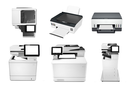 Professional office printer scanner copier machines. Technology office devices, laser printer, copier. Digital printing machine.