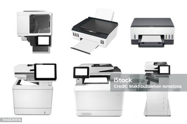 Professional Office Printer Scanner Copier Machines On White Background Stock Photo - Download Image Now
