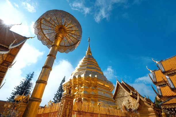 Wat Phra That Doi Suthep in Chiang Mai. This Buddhist temple founded in 1383 is the most famous in Chiang Mai.