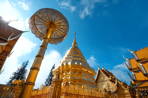 Wat Phra That Doi Suthep in Chiang Mai. This Buddhist temple founded in 1383 is the most famous in Chiang Mai.